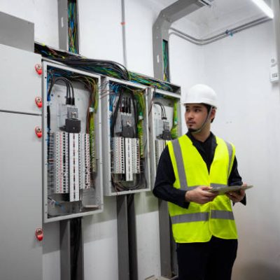Electrical Engineer team working front control panel, An electrical engineer is installing and using a tablet to monitor the operation of an electrical control panel in a factory service room.